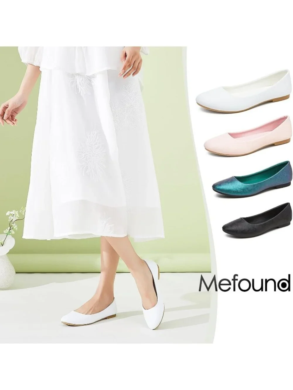 Women's White Embroidery PU Leather Comfortable Ballet Flat Slip on Casual Shoes